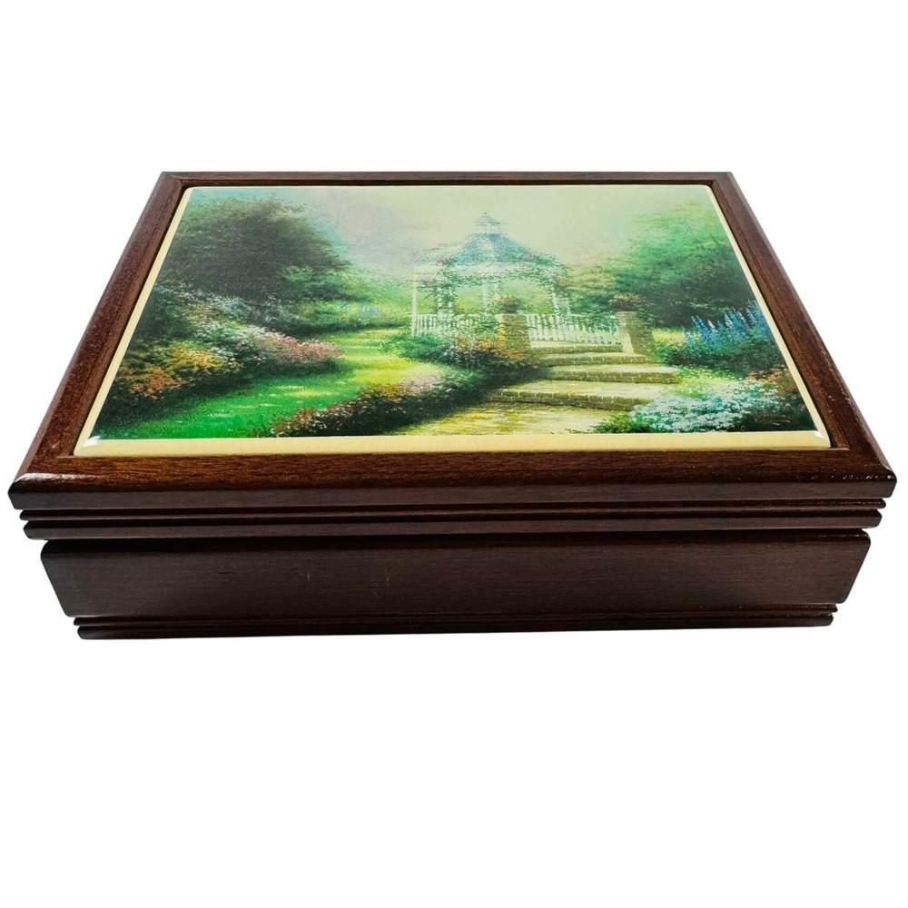 Thomas Kinkade Garden Gazebo Wood Jewelry Trinket Box 90s Vintage Cottagecore